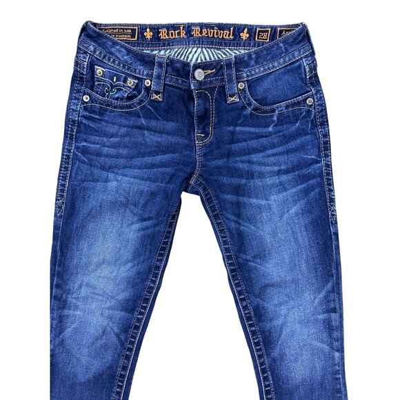 Rock Revival Y2K Anabela Skinny Jeans Women's Sz. 28 Dark Blue Whiskered Faded - Picture 6 of 11